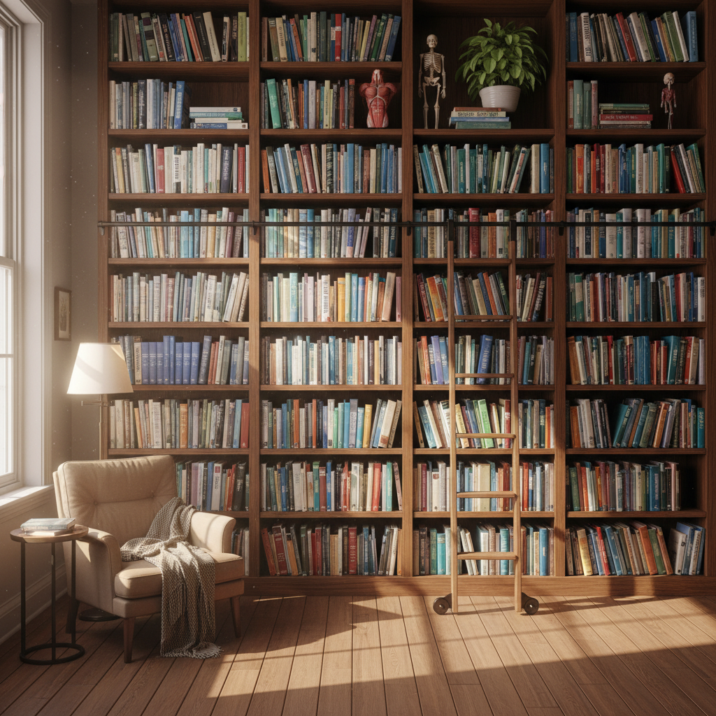 Bibliothèque organisée avec des livres de référence sur la nutrition et les sciences du sport, éclairée par une lumière chaude naturelle