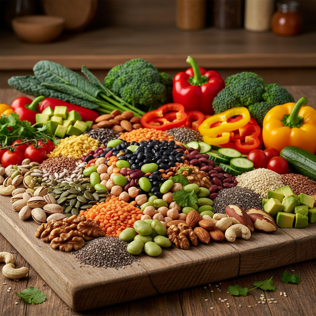 Sélection de légumineuses, noix, graines et légumes frais sur une surface en bois, représentant des sources de protéines végétales