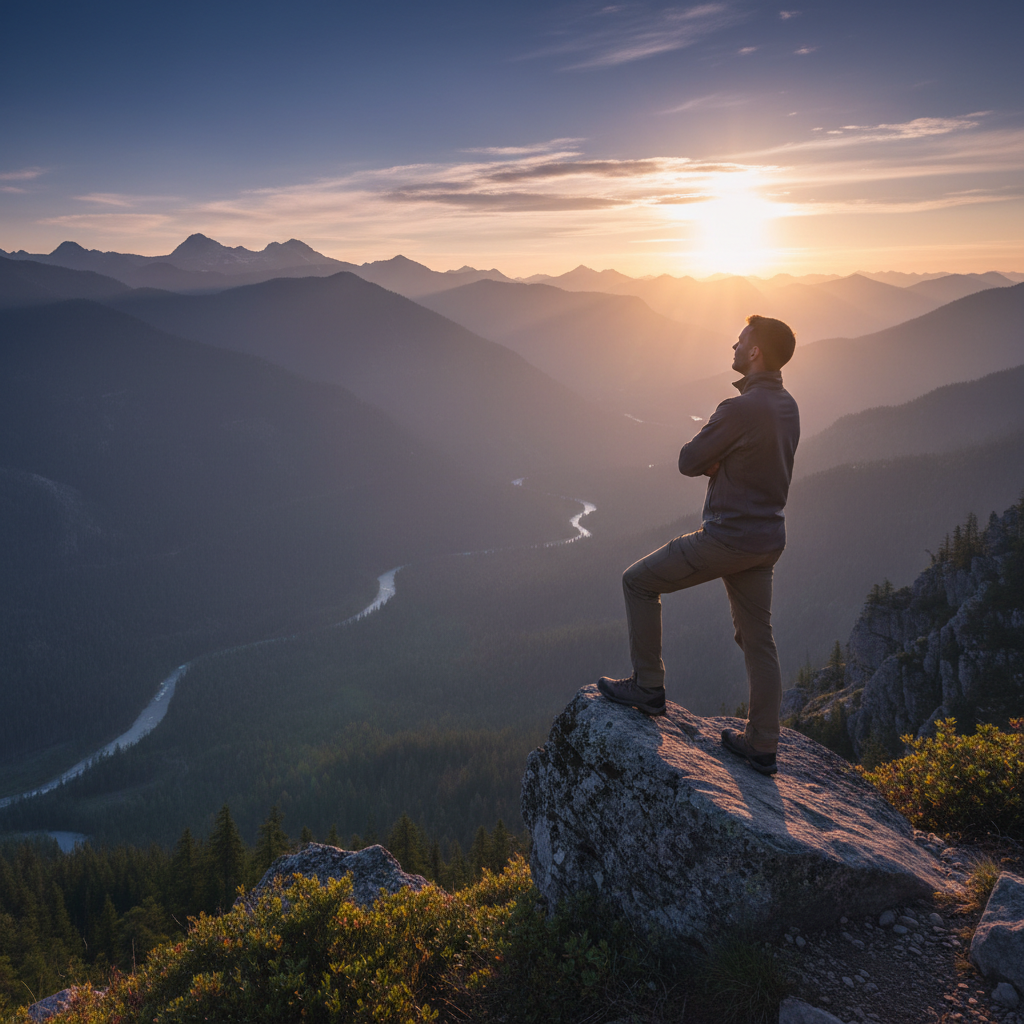Homme observant un paysage naturel montagneux au lever du soleil, dans une posture de contemplation calme et équilibrée