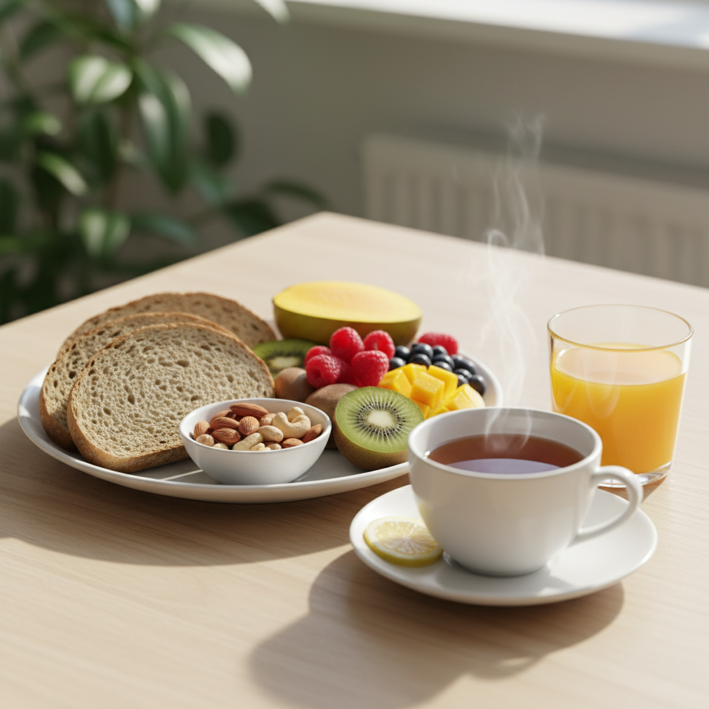 Petit-déjeuner équilibré sur une table lumineuse comprenant des fruits, du pain complet, des noix et une boisson chaude