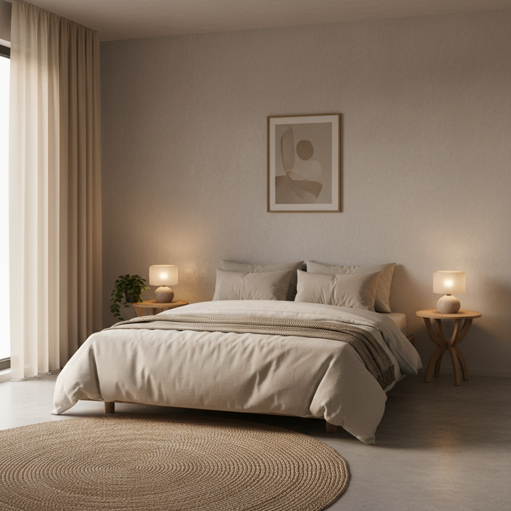 Chambre à coucher épurée avec une lumière tamisée chaude, symbolisant un environnement propice au repos et à la récupération